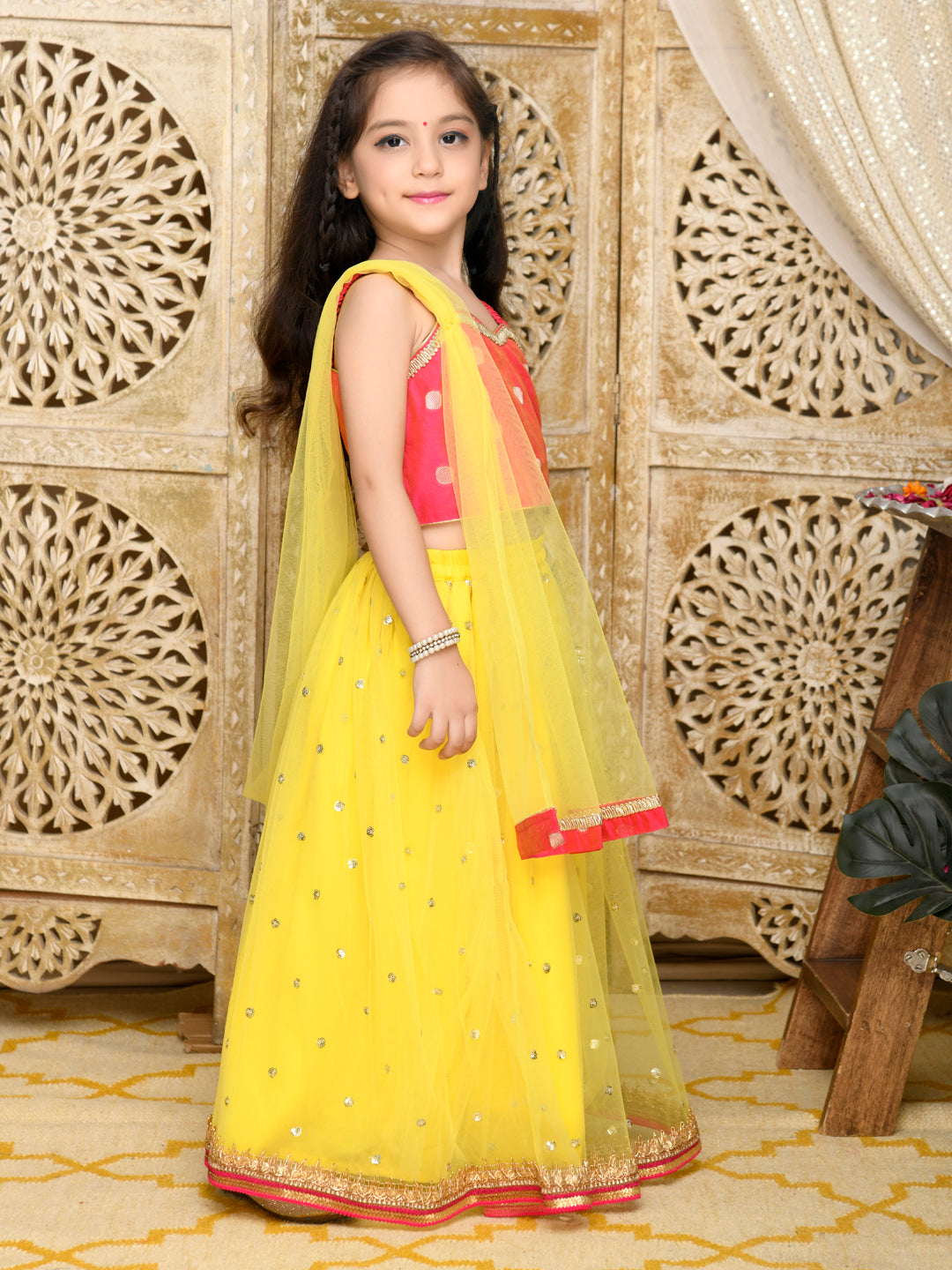 Lehenga With Choli & Dupatta - Magenta & Yellow