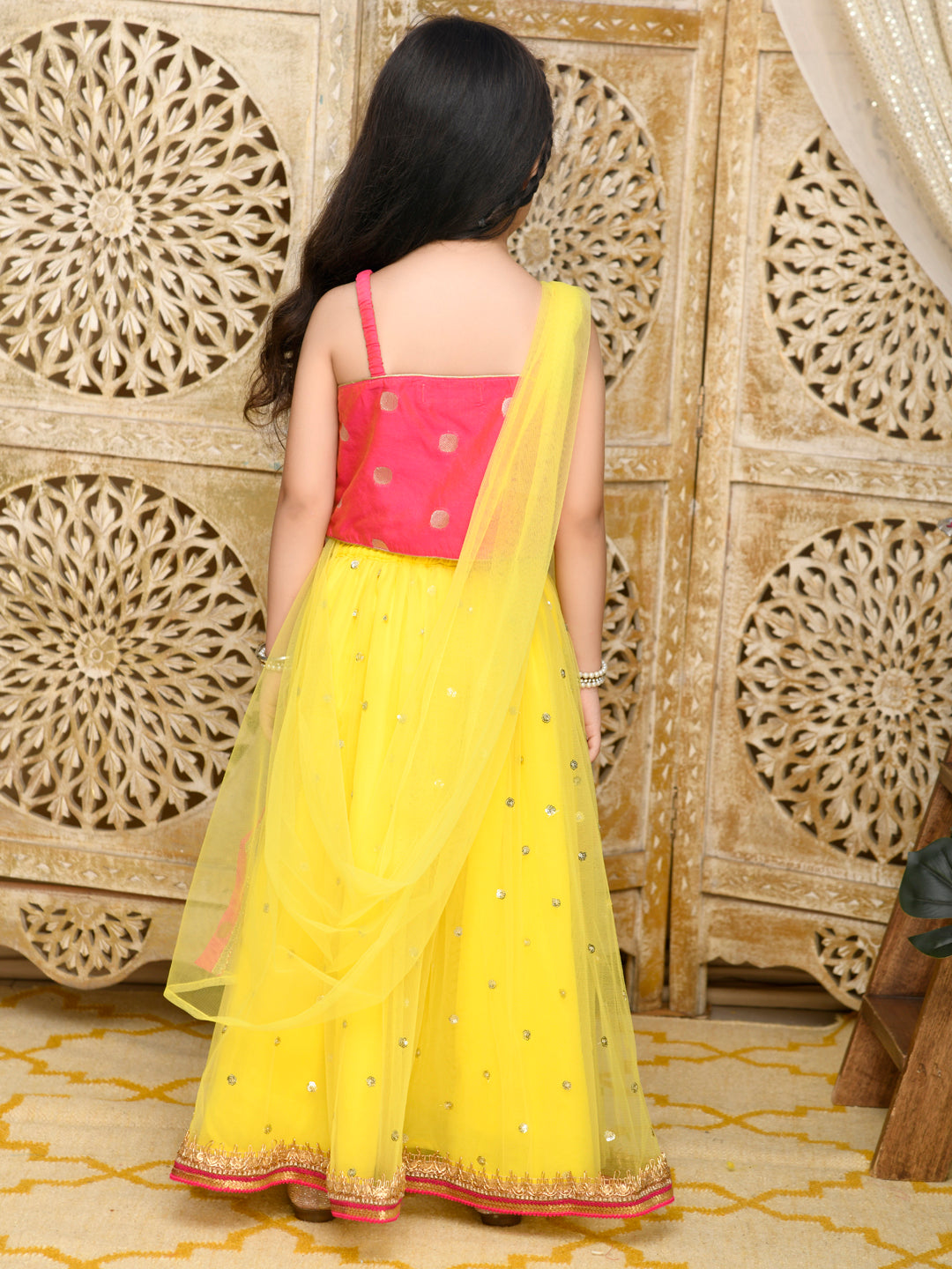 Lehenga With Choli & Dupatta - Magenta & Yellow