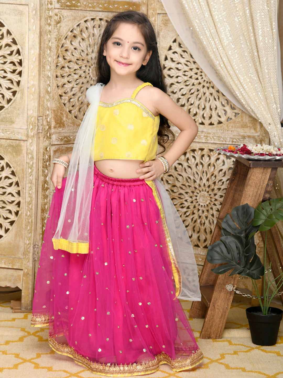 Lehenga With Choli & Dupatta - Yellow & Magenta