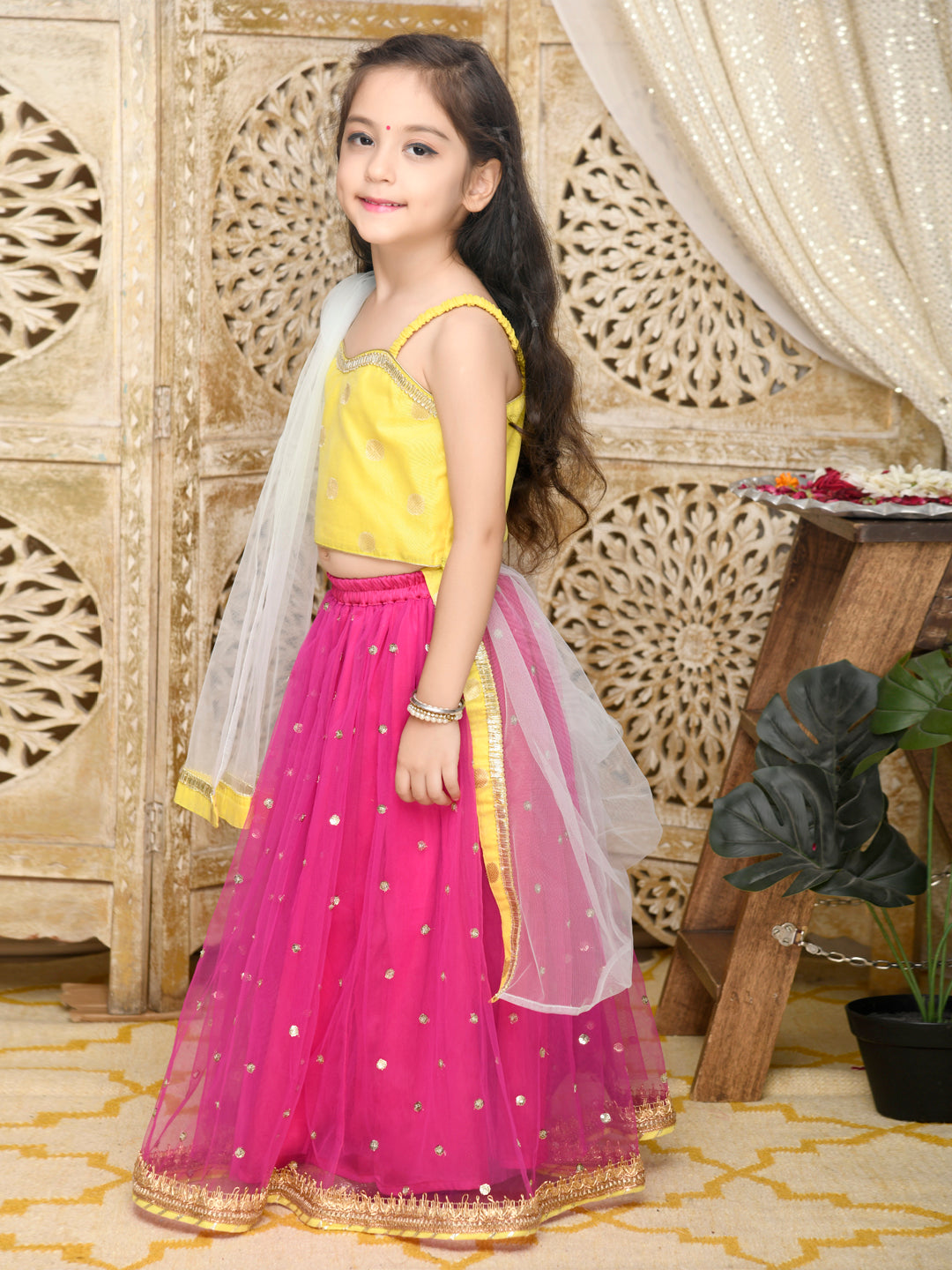 Lehenga With Choli & Dupatta - Yellow & Magenta