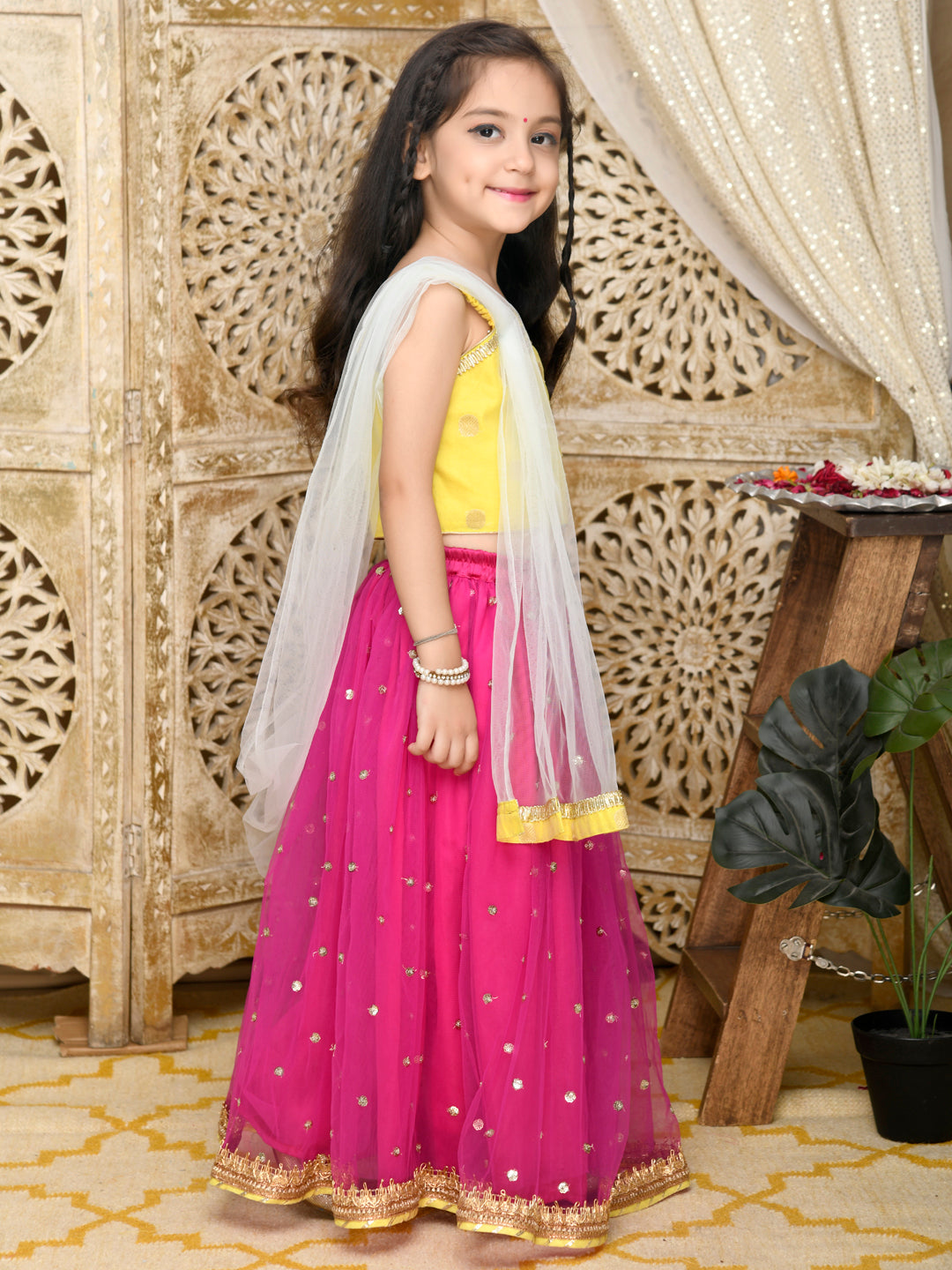 Lehenga With Choli & Dupatta - Yellow & Magenta