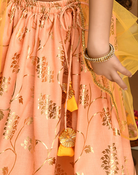Saka Designs Light Peach & Gold Print Lehnga Choli With Lace Work