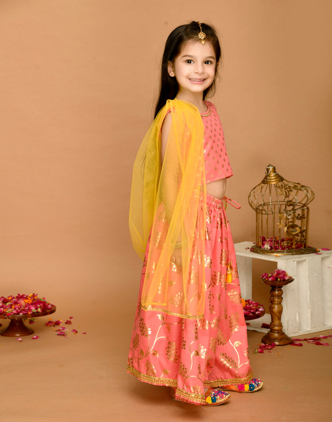 Saka Designs Peach Pink & Gold Printed Lehenga Choli With Lace Work