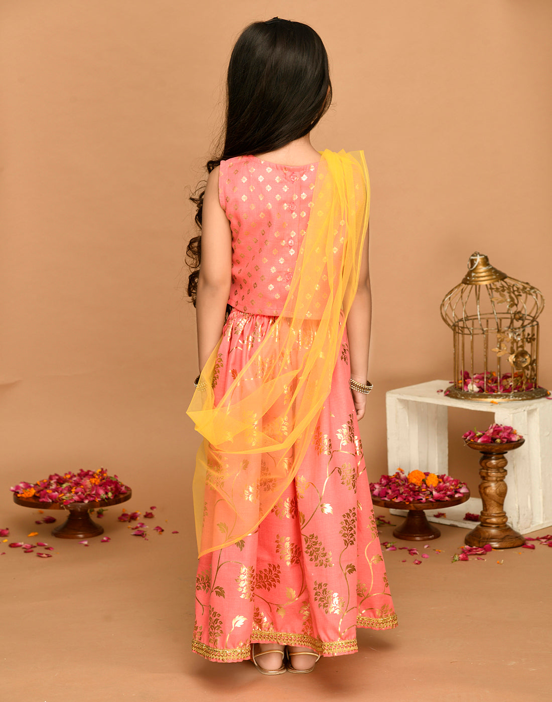 Saka Designs Peach Pink & Gold Printed Lehenga Choli With Lace Work