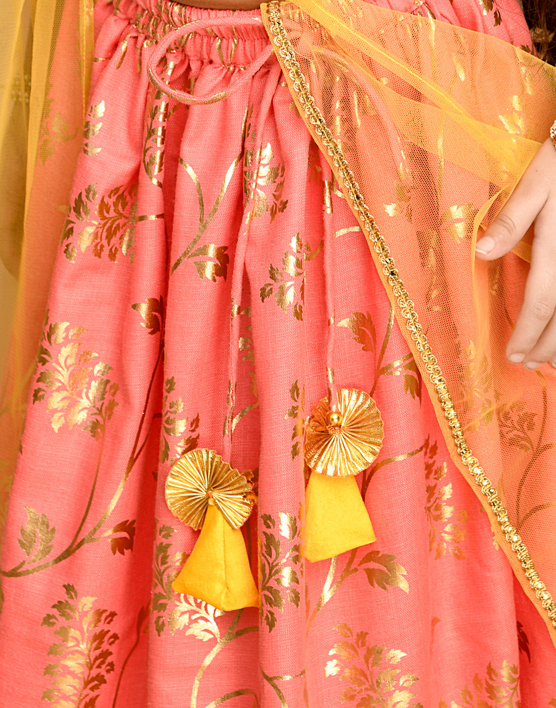 Saka Designs Peach Pink & Gold Printed Lehenga Choli With Lace Work