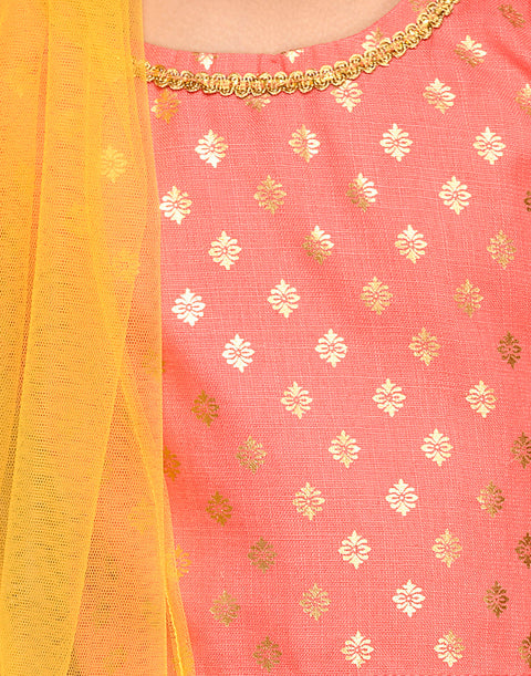 Saka Designs Peach Pink & Gold Printed Lehenga Choli With Lace Work