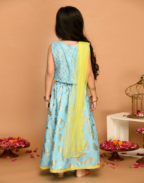 Saka Designs Sky Blue & Gold Printed Lehenga Choli With Lace Work