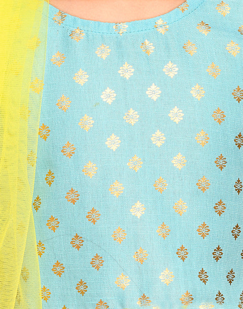 Saka Designs Sky Blue & Gold Printed Lehenga Choli With Lace Work