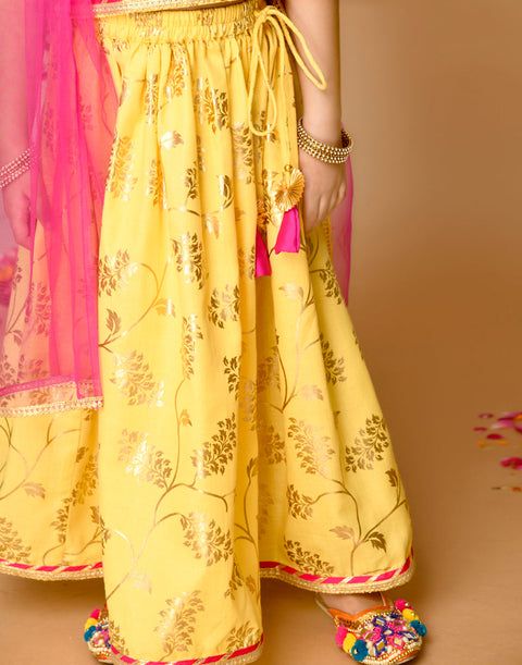 Saka Designs Yellow & Gold Printed Lehenga Choli With Lace Work