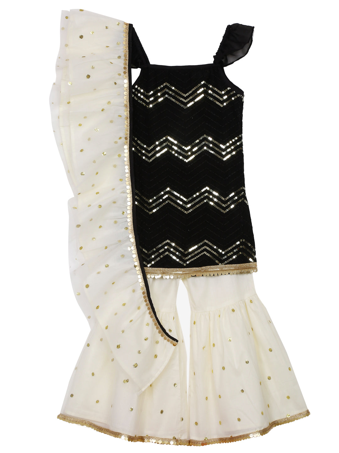 Saka Designs Black & Cream Sharara Kurta With All Over Eemberoidery & A Ruffled Dupatta
