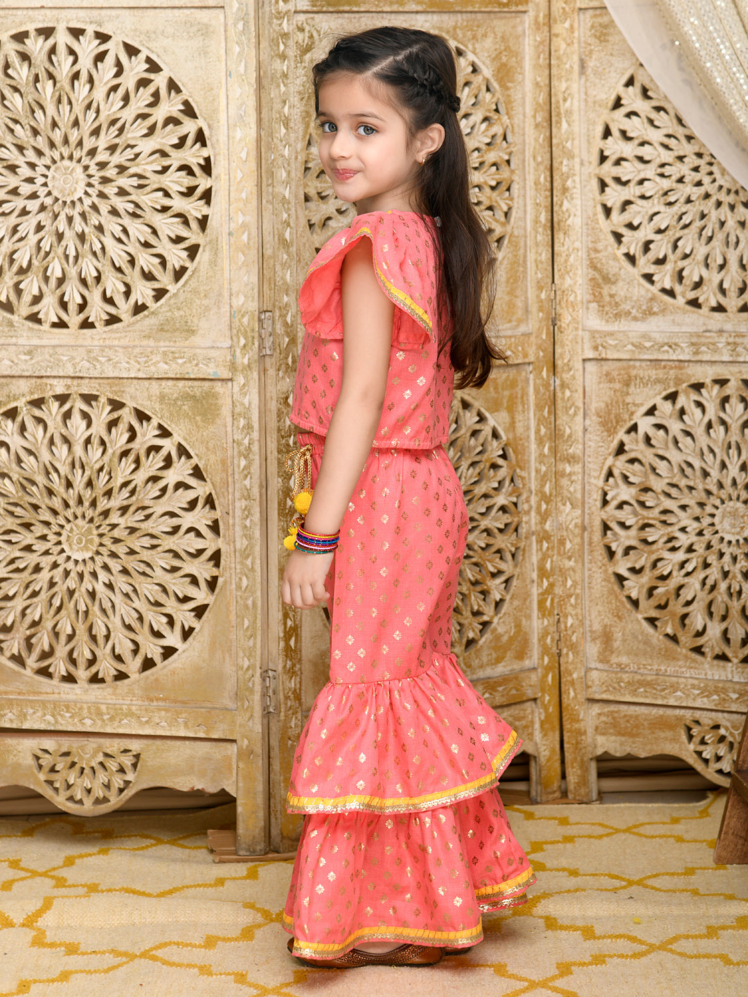 Saka Designs Dark Peach & Gold Sharara Top With Yellow Lace Detailing