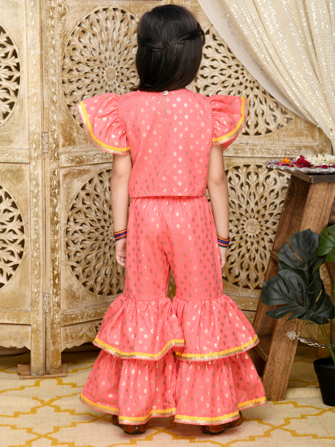 Saka Designs Dark Peach & Gold Sharara Top With Yellow Lace Detailing