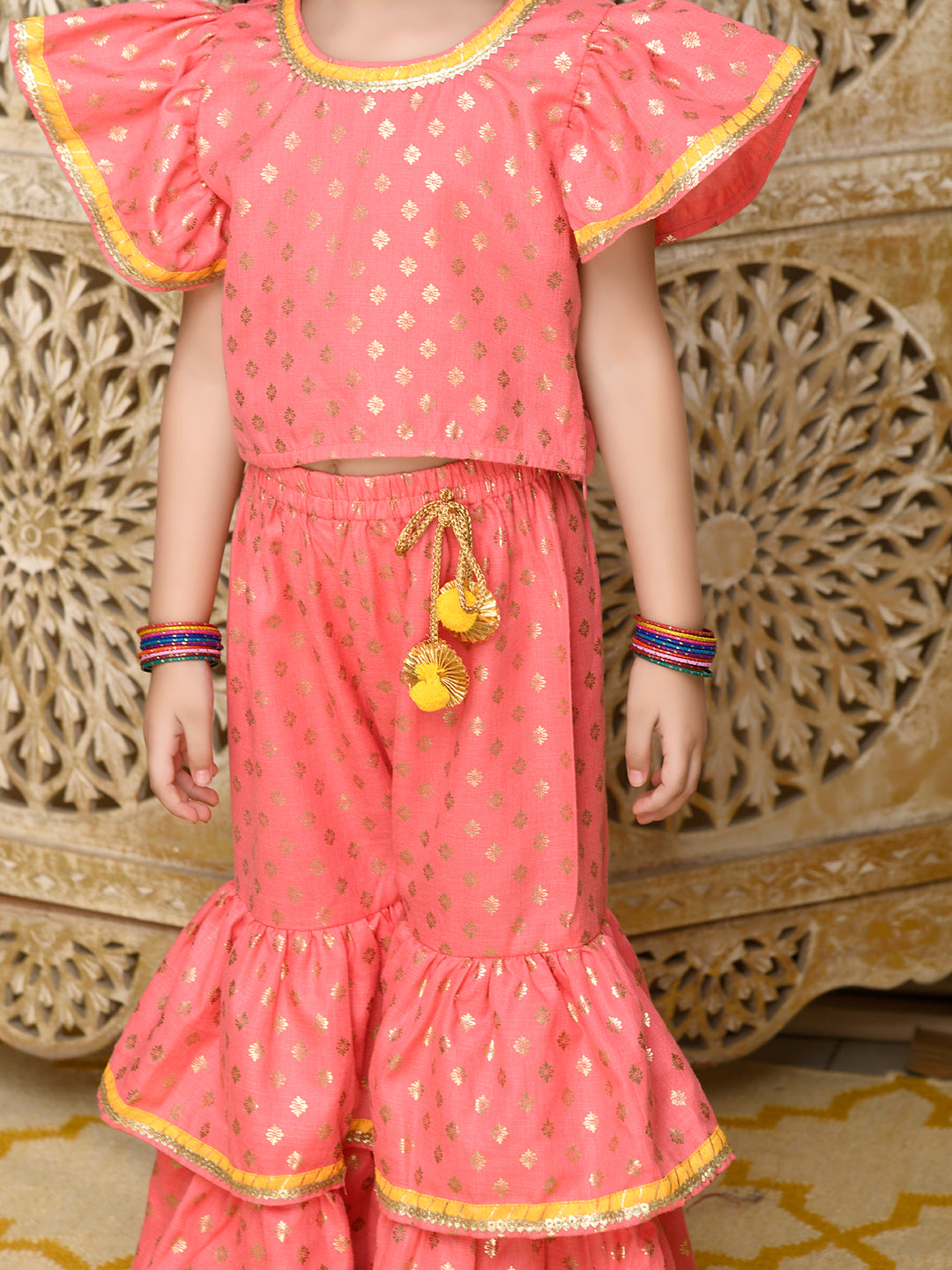 Saka Designs Dark Peach & Gold Sharara Top With Yellow Lace Detailing