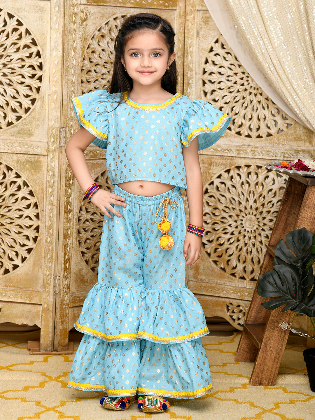 Saka Designs Sky Blue & Gold Sharara Top With Yellow Lace Detailing