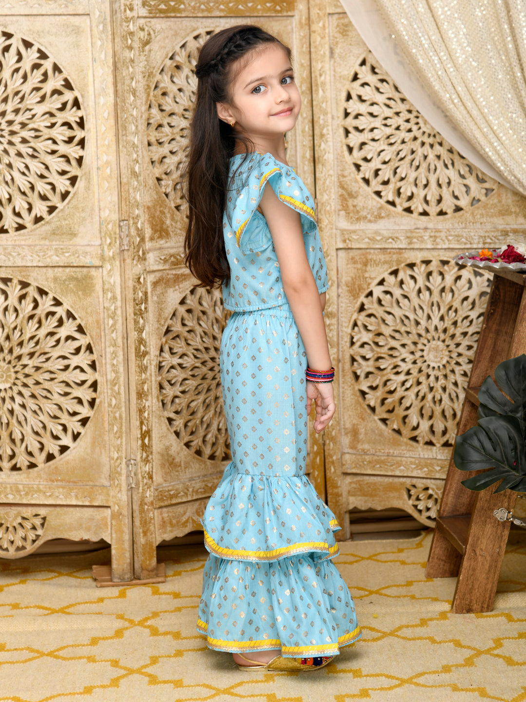 Saka Designs Sky Blue & Gold Sharara Top With Yellow Lace Detailing