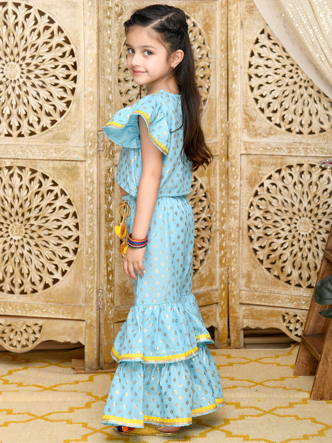 Saka Designs Sky Blue & Gold Sharara Top With Yellow Lace Detailing