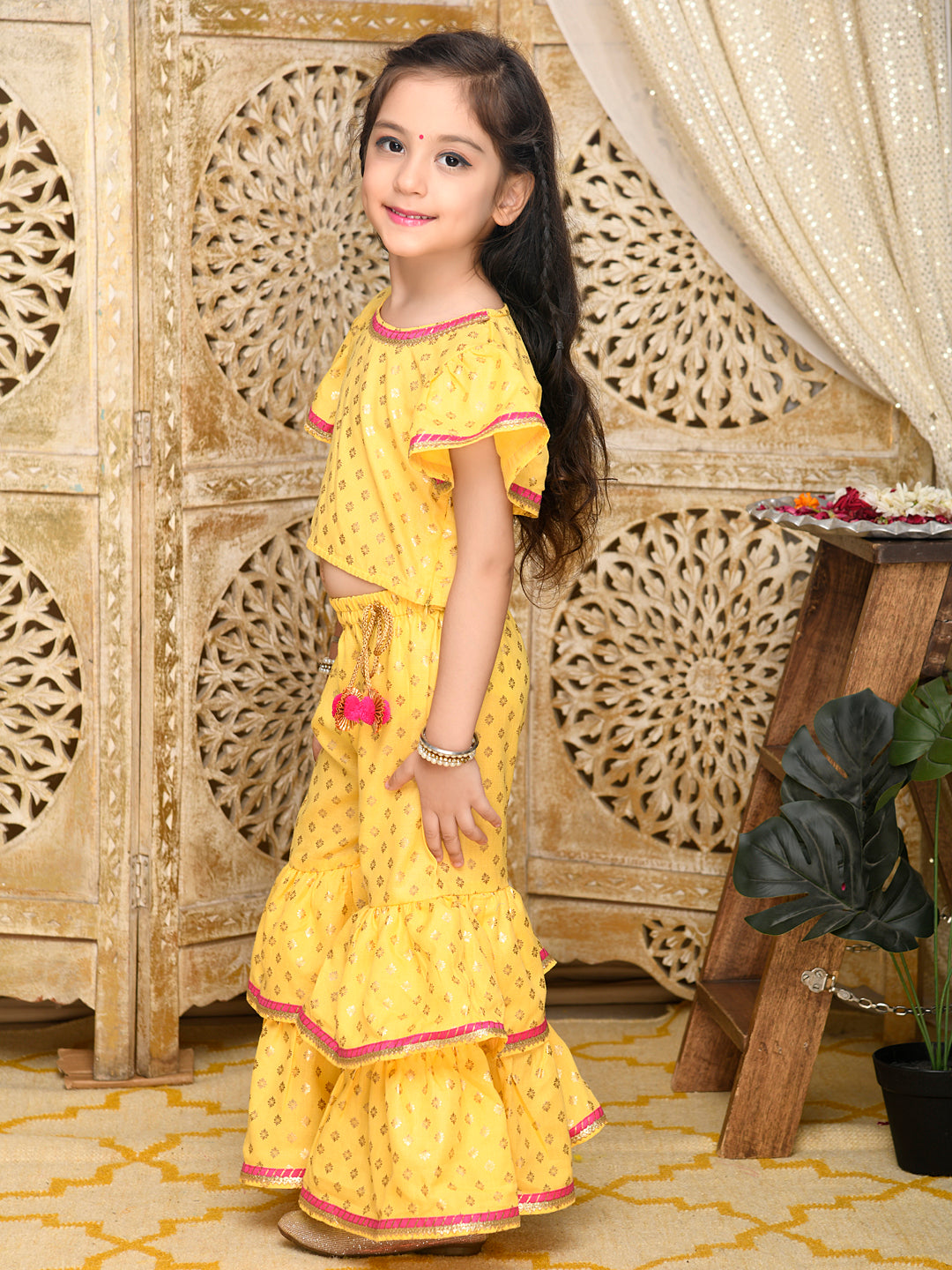 Saka Designs Yellow & Gold Sharara Top With Yellow Lace Detailing