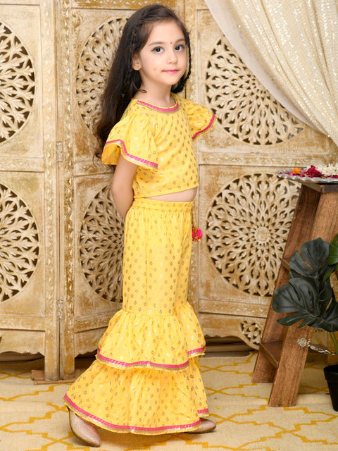 Saka Designs Yellow & Gold Sharara Top With Yellow Lace Detailing