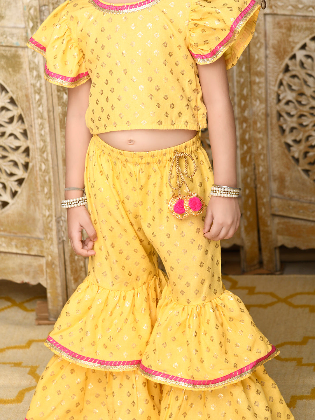 Saka Designs Yellow & Gold Sharara Top With Yellow Lace Detailing