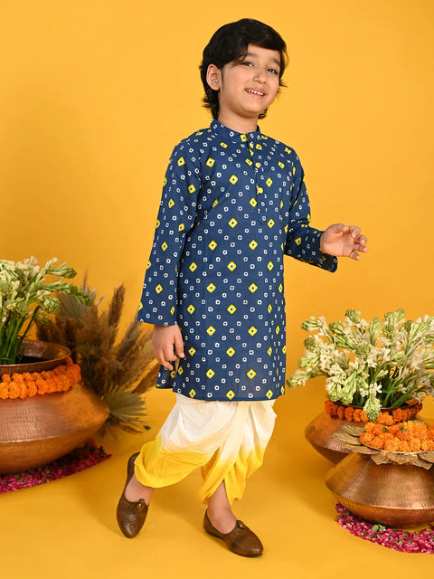 Saka Designs Boys Blue Bandhani Printed Cotton Kurta with tie-Dye Dhoti