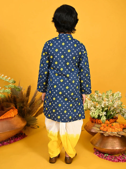 Saka Designs Boys Blue Bandhani Printed Cotton Kurta with tie-Dye Dhoti