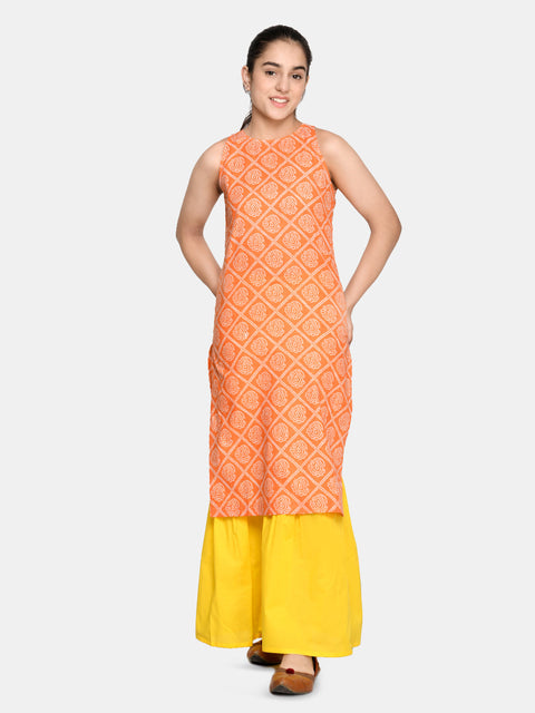Saka Designs Yellow And Saffron Sharara Kurta In Pure Cotton For Teens