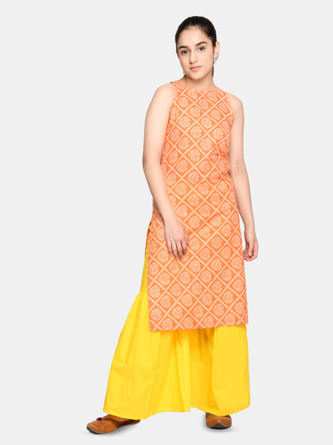 Saka Designs Yellow And Saffron Sharara Kurta In Pure Cotton For Teens