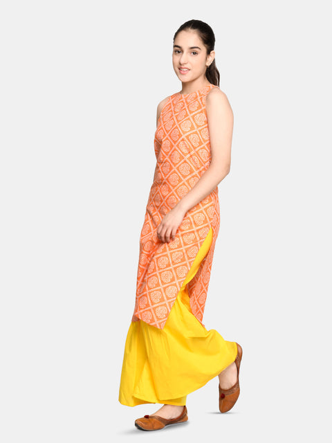 Saka Designs Yellow And Saffron Sharara Kurta In Pure Cotton For Teens