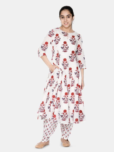 Saka Designs Red & White Floral Cotton Salwar Kurta Set For Teens