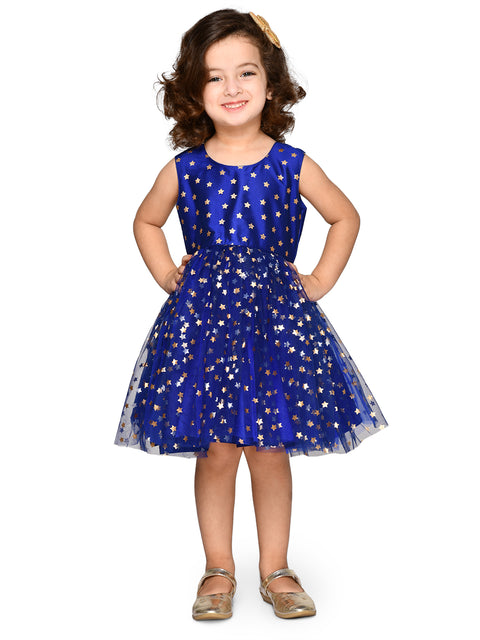 Blue above-knee dress for girls by Saka Designs, featuring a stylish and comfortable fit, perfect for casual and party wear.