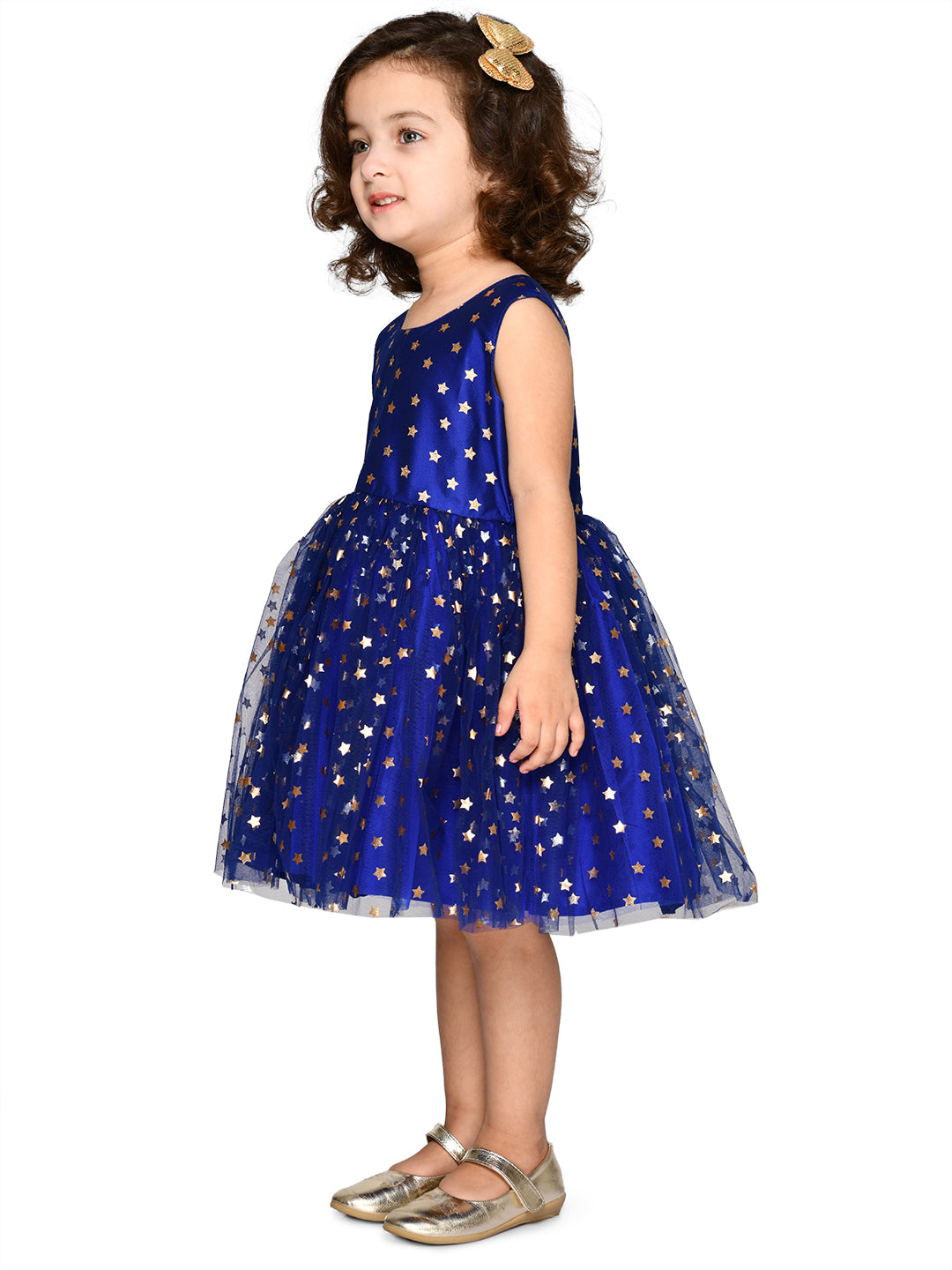 Blue above-knee dress for girls by Saka Designs, featuring a stylish and comfortable fit, perfect for casual and party wear.
